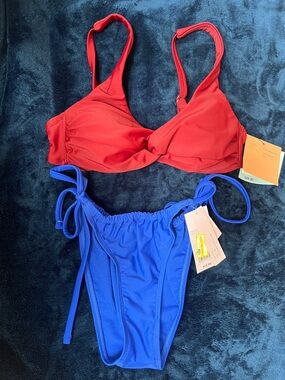 Shade & Shore Red Twist Bikini Top and Blue Tie-Side Bikini Bottom